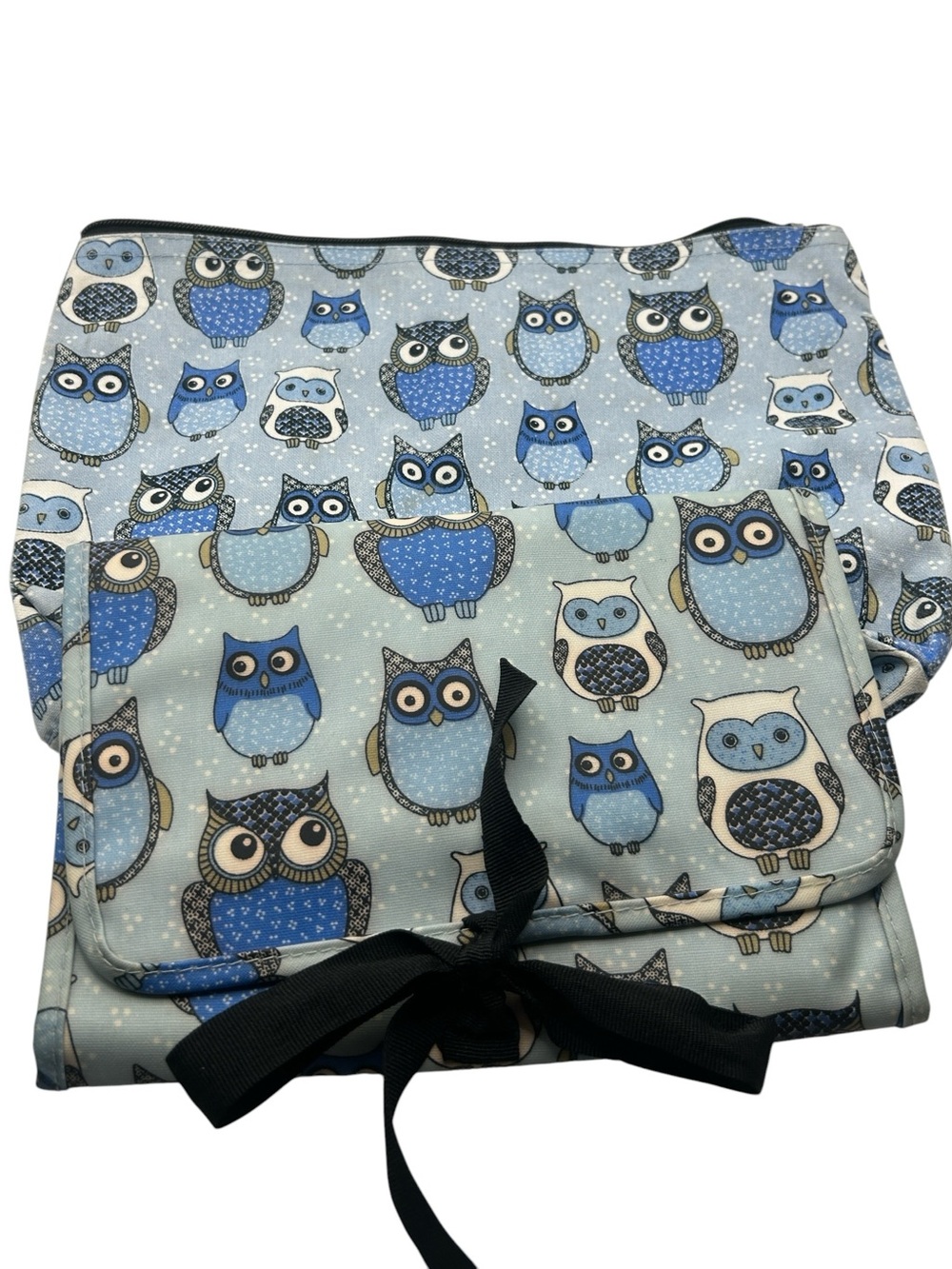 Thirty One set of novelty blue owl print zipper pouch and organizer rare vtg y2k